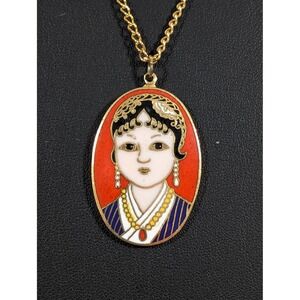 Vintage 70s Cloisonne Enamel Asian Lady Portrait Necklace Gold Tone 24"